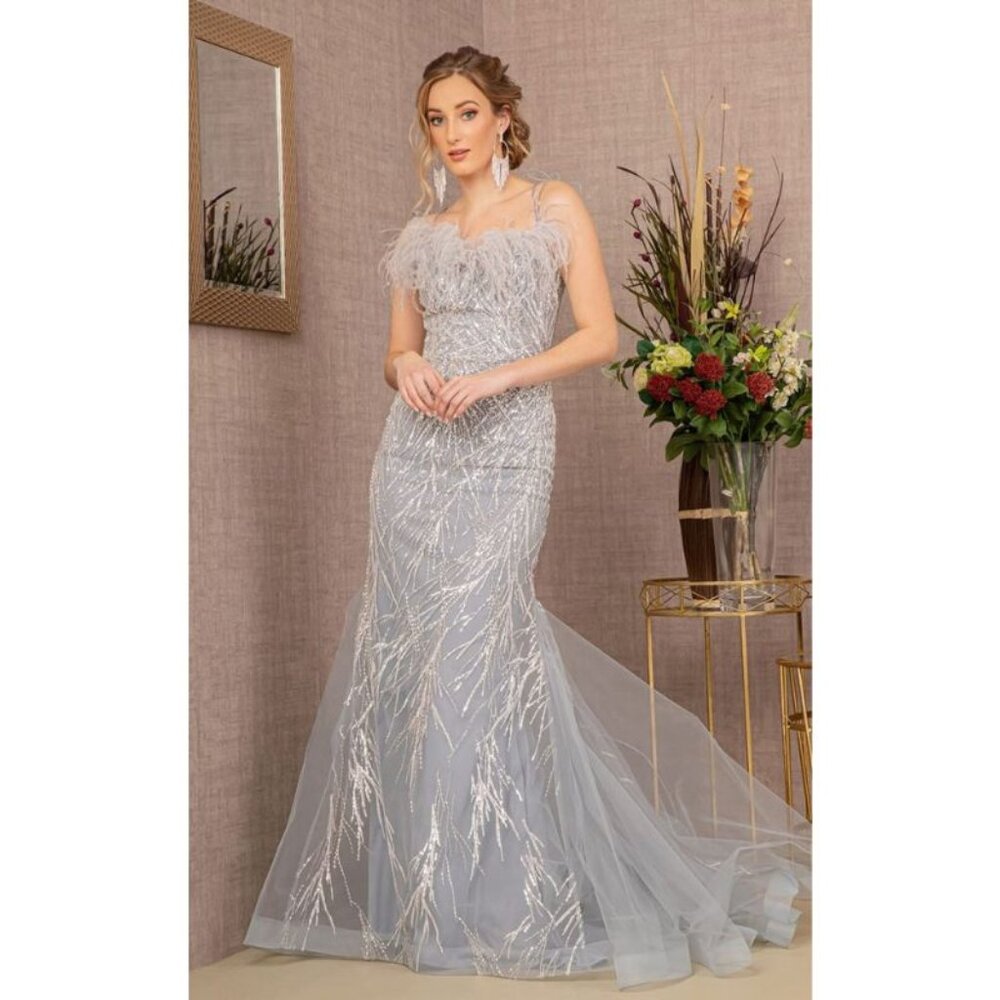 Clearance Silver Size XL Sequin Print Feather Mermaid Gown by GLS Gloria GL3117